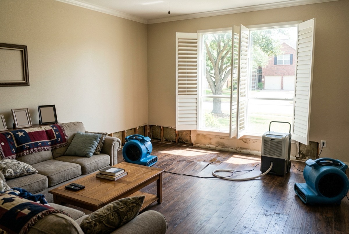 Interior of a suburban family home with visible water damage on the floor and lower walls, professional drying equipment positioned in the room, bright day