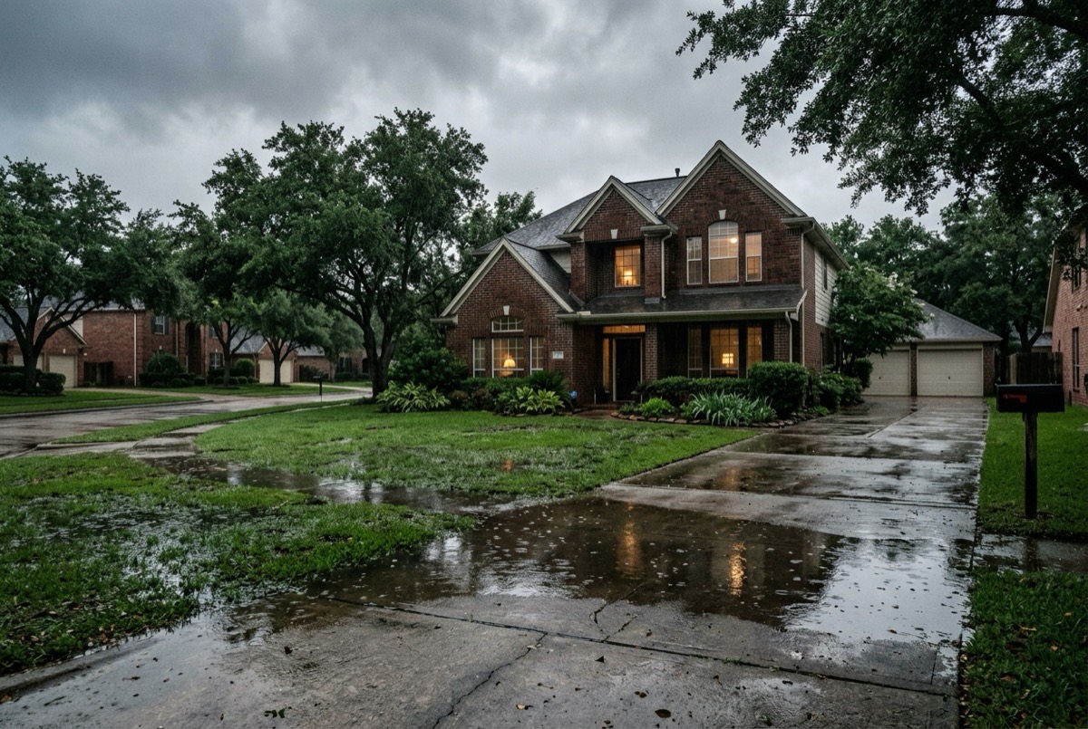 Exterior of a suburban brick home after heavy rain, standing water on the driveway and lawn, overcast sky — water damage restoration in Katy, TX